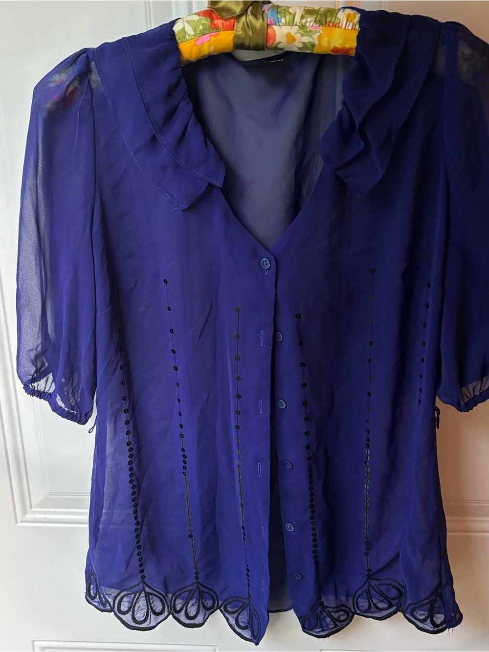 Women's Sheer Fairycore Collar Button-Front Top in Royal Blue size small